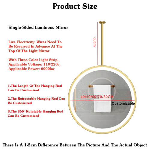 Ceiling Mounted Makeup Mirror with Adjustable LED Lighting, 360 Rotatable Gold Round Vanity Mirror 50cm 1