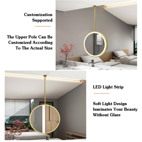 Ceiling Mounted Makeup Mirror with Adjustable LED Lighting, 360 Rotatable Gold Round Vanity Mirror 50cm 2