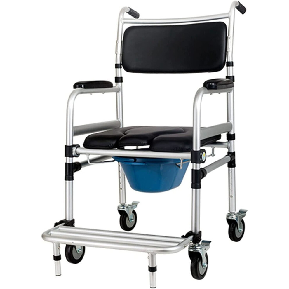 Folding Shower Commode Chair with Brakes and Footrests, 2 in 1 Design for Elderly and Disabled