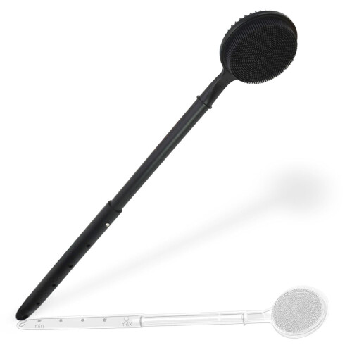 Adjustable Long Handle Shower Brush for Elderly, DualSided Silicone Back Scrubber with Ergonomic Grip, Black