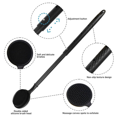 Adjustable Long Handle Shower Brush for Elderly, DualSided Silicone Back Scrubber with Ergonomic Grip, Black 2