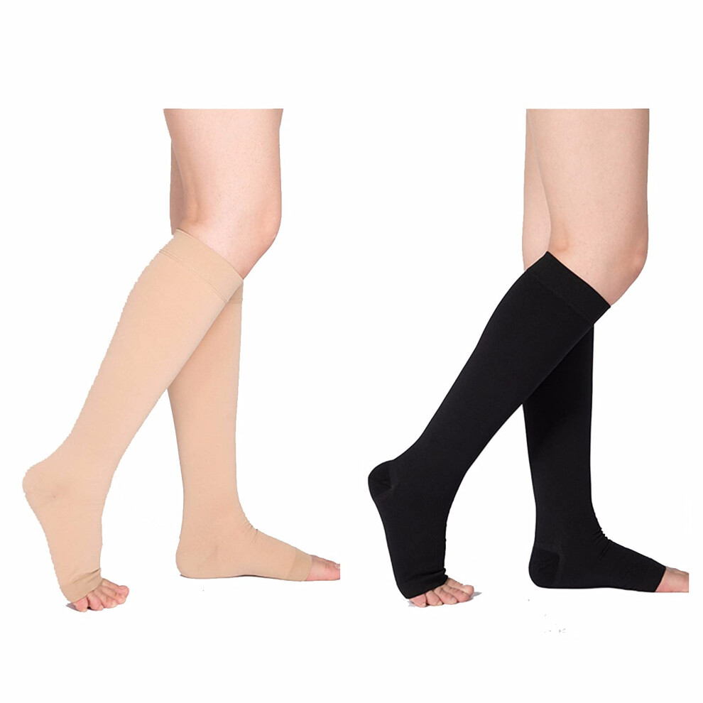 Compression Socks 2332mmHg Open Toe Below Knee Set 2 Pairs Graduated Support Black and Beige XL