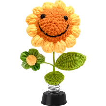 (D) Crochet Sunflower Bobble Head with Sunglasses, Car Dashboard Shake Figure, Office Decor, Cute Gift for Car Interior Decoration