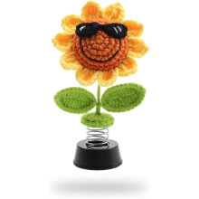 (A) Crochet Sunflower Bobble Head with Sunglasses, Car Dashboard Shake Figure, Office Decor, Cute Gift for Car Interior Decoration