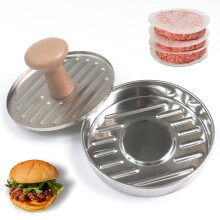 Burgerpers/pattymaker, gemaakt van roestvrij staal met antiaanbaklaag, gemakkelijk schoon te maken en snel los te maken. Duurzaam materiaal