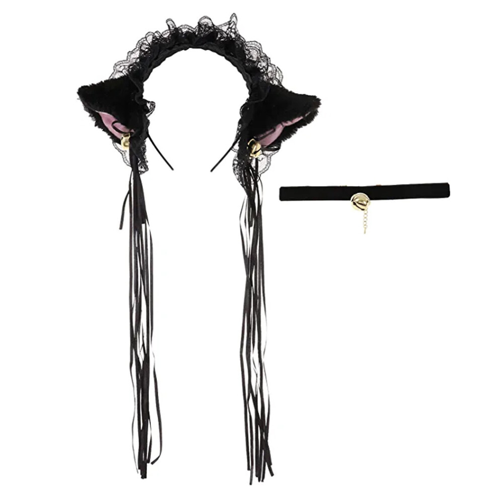 Lace Soft Plush Cat Ears Headband Gothic Lolita Headdress Maid Hair Hoop With Bells Collar Light 4261617884100