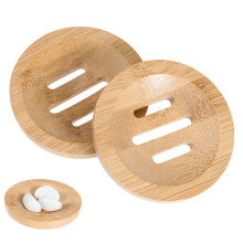 2 Pack Bamboo Soap Dish with Quick Drainage, Round EcoFriendly Holder for Bathroom Sink or RV
