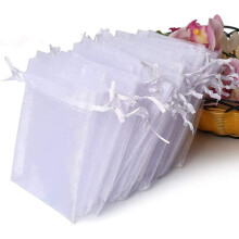 Elegáns, áttetsző organza táskák, 100 db-os fehér esküvői ajándéktasakok húzózsinórral a könnyű zárásért, tökéletes ékszerek, é