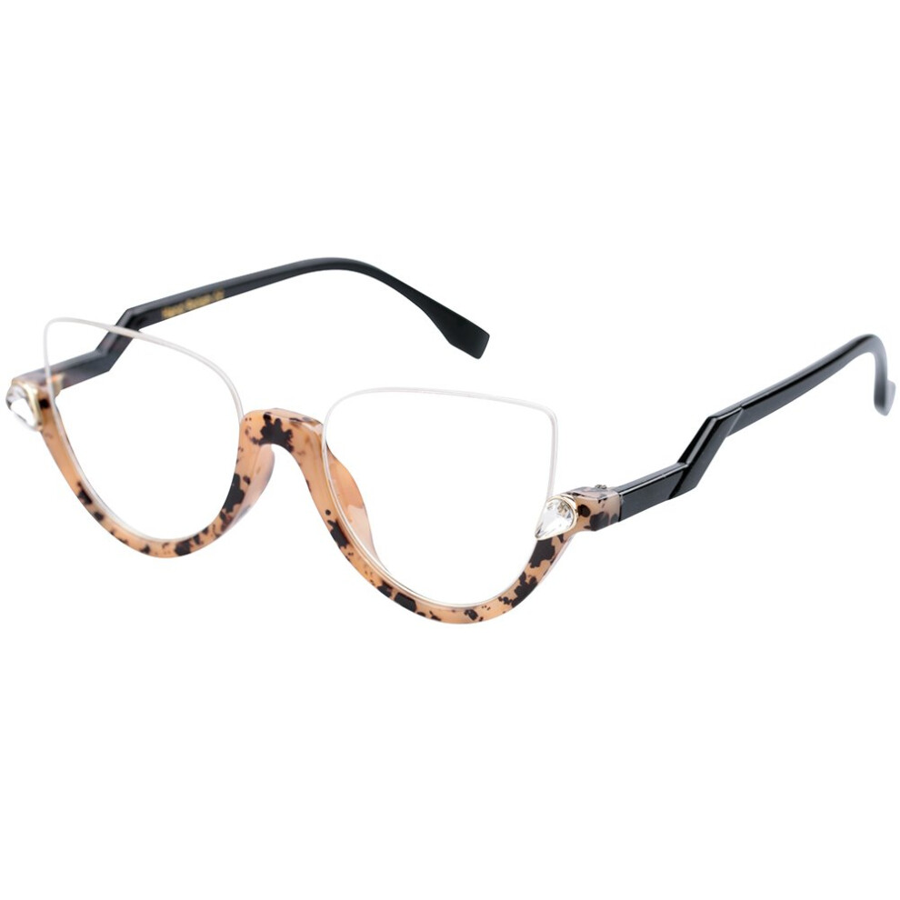Women's Semi Rimless Cat Eye Reading Glasses +1.75 Tortoise Frame Clear Magnification Stylish Readers