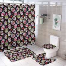 Colorful Dead Sugar Skull 4 Piece Bathroom Decor Set with Rug, Toilet Lid Cover and Non Slip Bath Mat