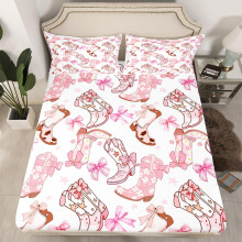 Pink Twin Fitted Sheet for Kids Girls Boys, Soft Pink White Design with Princess Bowknots Western Cowboy Boots Twin Bedding Set