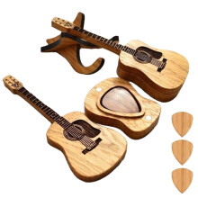 Wooden Guitar Pick Box Holder with 3 Picks, Compact GuitarShaped Design and Desktop Display Stand