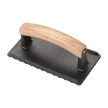 8x4 Heavy Duty Cast Iron Burger and Bacon Press with Wooden Handle for Even Sear on Griddle
