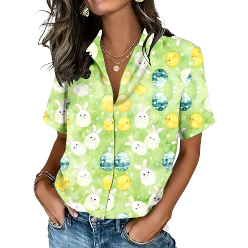 Women's Button-Down Shirts, Short Sleeve, V-Neck,-Orange S 1