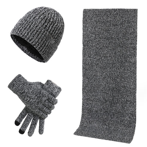 Vintervarm stickad mössa + lång halsduk + pekskärmshandskar med stickat foder, kompatibel med män