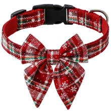 Holiday Dog Collar with Bow, Adjustable Christmas Plaid Dog Co