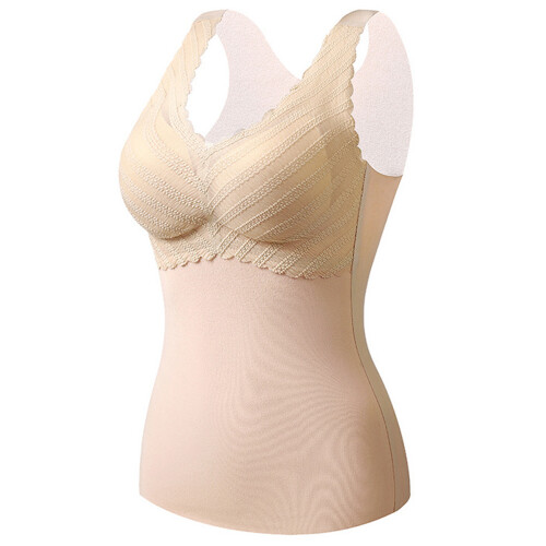 Dames basic hemdje/thermisch ondergoed met ingebouwde bh, dik gevoerd topje, abrikooskleur