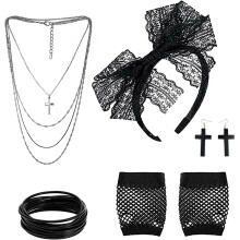 5-teiliges 80er-Jahre-Kostüm-Accessoires-Set, 80er-Jahre-Partykostüm für Damen, 80er-Jahre-Spitzenstirnband, Ohrringe, Netzstrumpfhandschuhe