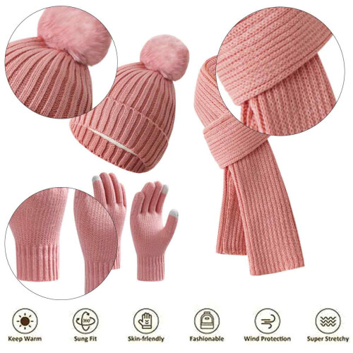 Conjunto de gorro, cachecol e luvas de inverno compatível com mulheres. Inclui gorro com pompom, cachecol longo, protetor de pescoço e luvas 2