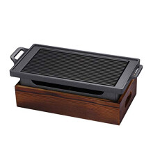 Tabletop Charcoal Grill 28x15cm with Wooden Base, Nonstick Korean BBQ Grill for Indoor Outdoor Use