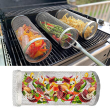 Rolling Grill Basket Stainless Steel Nonstick Mesh for Vegetables Fish BBQ Even Heat 7.78in