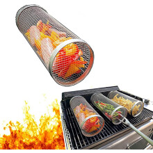 BBQ Grill Basket Stainless Steel Rolling Mesh for Vegetables Fish Fries, Round Camping Rack 1pcs 30x9x9cm