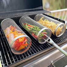 12 Inch Stainless Steel Rotisserie Grill Basket for Vegetables and Fish, Even Rotation BBQ Accessory