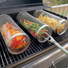 Rotating Grill Basket Stainless Steel Mesh Cylinder for Vegetables and Fries 360 Even Grilling Outdoor BBQ