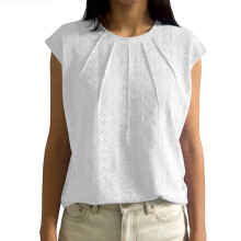 Womens Eyelet Top Short Sleeve Front Pleated Crewneck-White XL