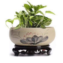 Red Ceramic Lotus Flower Bowl with Stand, Handcrafted Indoor Water Garden Planter for Succulents