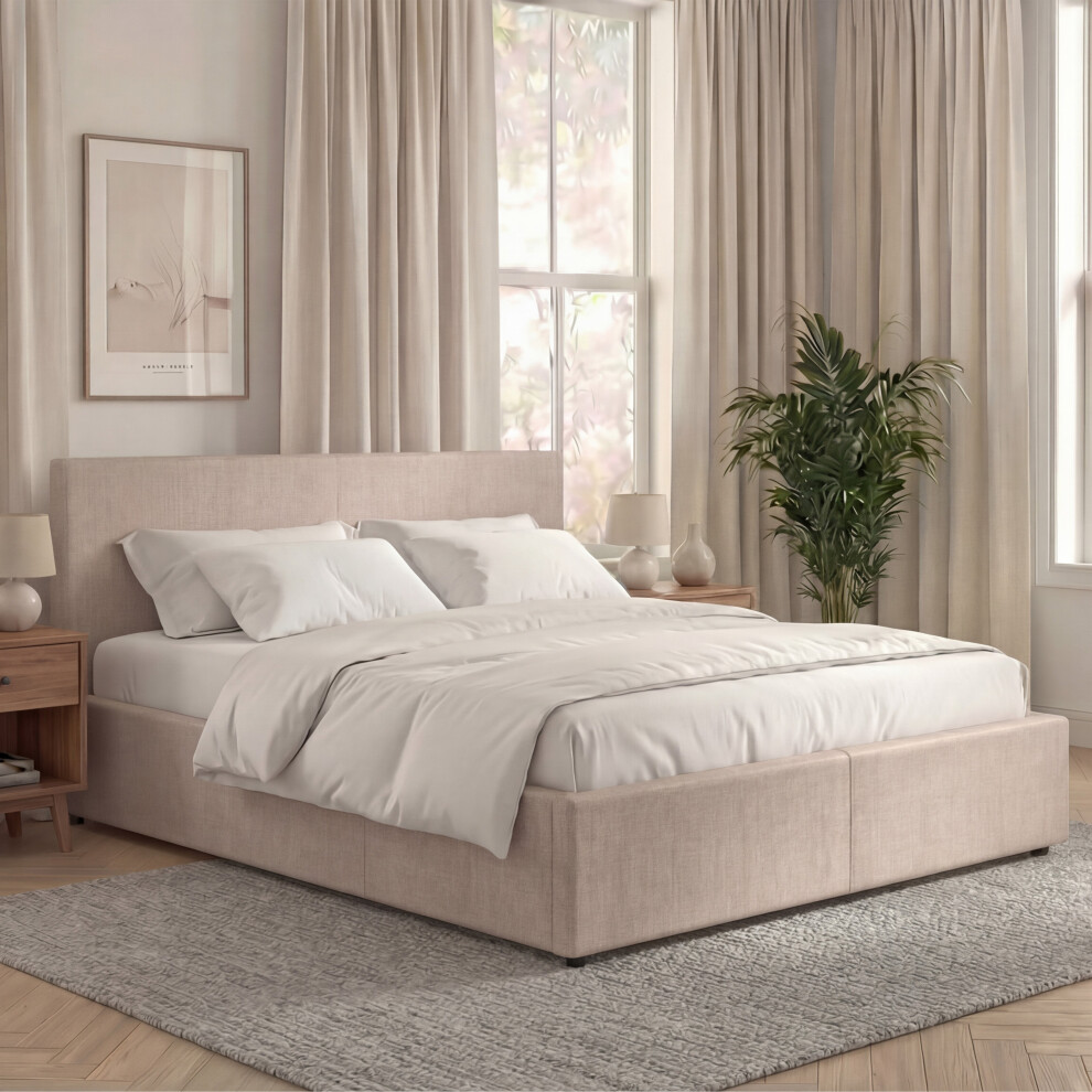 Vida Designs King Size Linen Ottoman Bed & Mattress With Storage, Veronica, Upholstered Fabric Bed With Headboard, Beige, Ukfr Cream