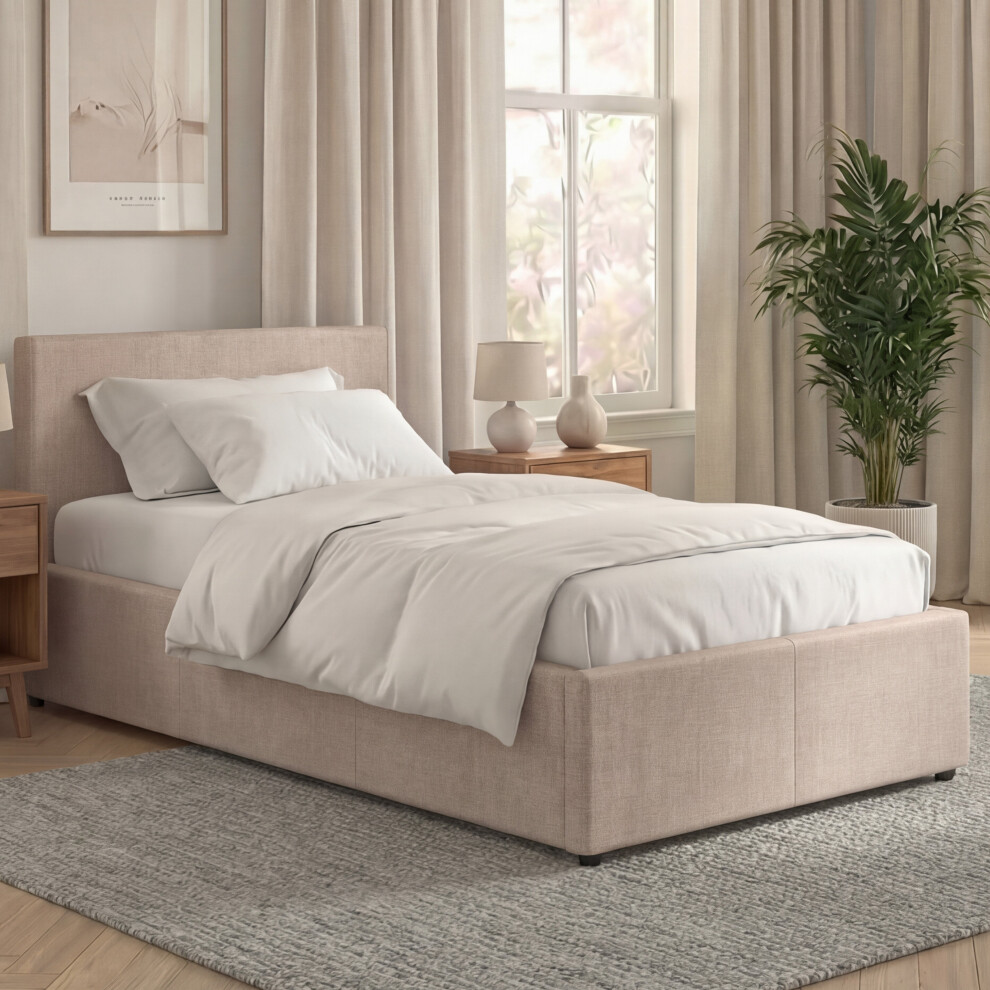 Vida Designs (Beige) Single Linen Ottoman Bed & Mattress With Storage, Veronica, Upholstered Fabric Bed With Headboard, Ukfr Cream
