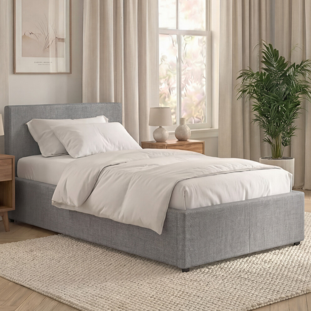 Vida Designs (Light ) Single Linen Ottoman Bed & Mattress With Storage, Veronica, Upholstered Fabric Bed With Headboard, Ukfr Grey