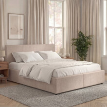 Double Linen Ottoman Bed Frame with Storage, Vida Designs Veronica, Upholstered Fabric Bed with Headboard, Beige, UKFR