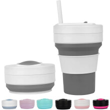12 oz Collapsible Travel Cup with Lid and Straw, Silicone Foldable Cup for Camping Hiking, Gray White