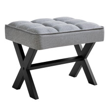 Blue Grey Linen Foot Rest Stool with Durable Metal XLegs, Compact Ottoman for Bedroom and Living Room
