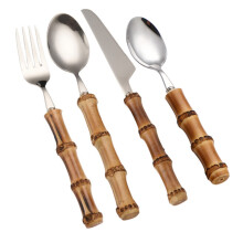 Camping Utensil 2 in 1 Stainless Steel Spoon Fork Combo with Ergonomic Wood Handle for Travel