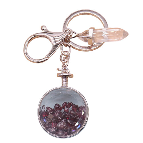 Round Shaped Multifaceted Natural Stone Keychain With Glass-G