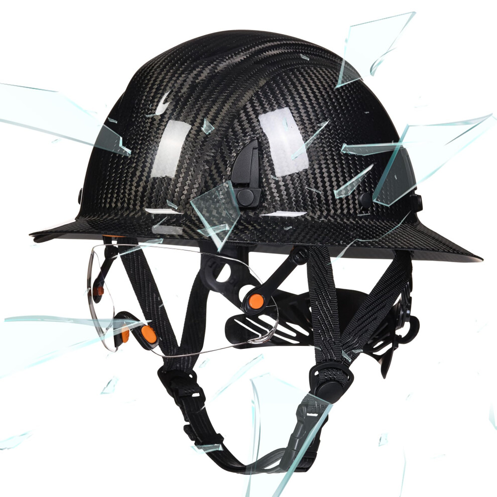Carbon Fiber Hard Hat Full Brim Safety Helmet With Goggles, Osha Approved 6Point Fit, Black 9330225156277