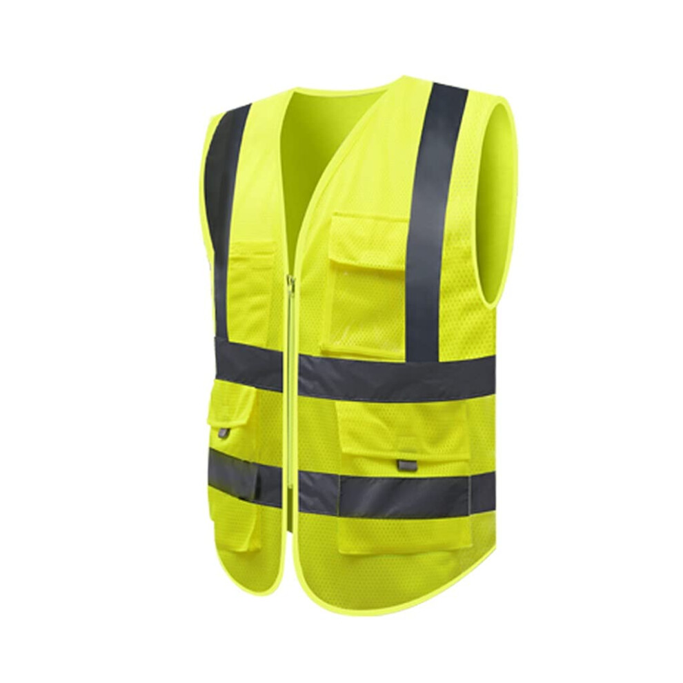 Bright Yellow Reflective Safety Vest With Zipper And Multi Pockets, Breathable Visibility Work Vest 9092120315264