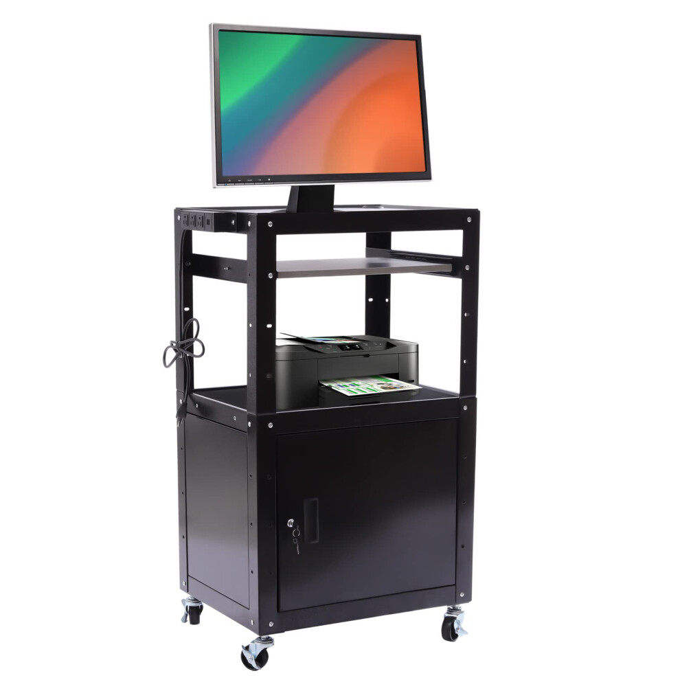 Steel Adjustable Height Av Cart With Locking Cabinet And Builtin Power Strip For Laptop And Projector 9073542834359