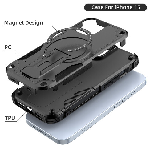 (iPhone 15, Mattschwarz) iPhone Hülle stoßfest mit Ständer und Magnetring 2