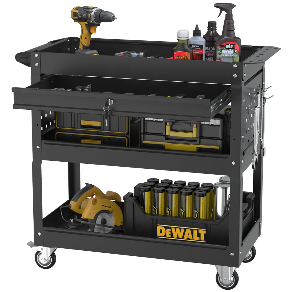 3 Tier Rolling Tool Cart With Lockable Drawer, Heavy Duty Metal Utility Cart For Garage Workshop Black 9330225156734