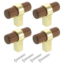 4Pcs Dark Walnut and Gold Wood Drawer Pulls, TBar Cabinet Knobs with RustResistant Base and Screws