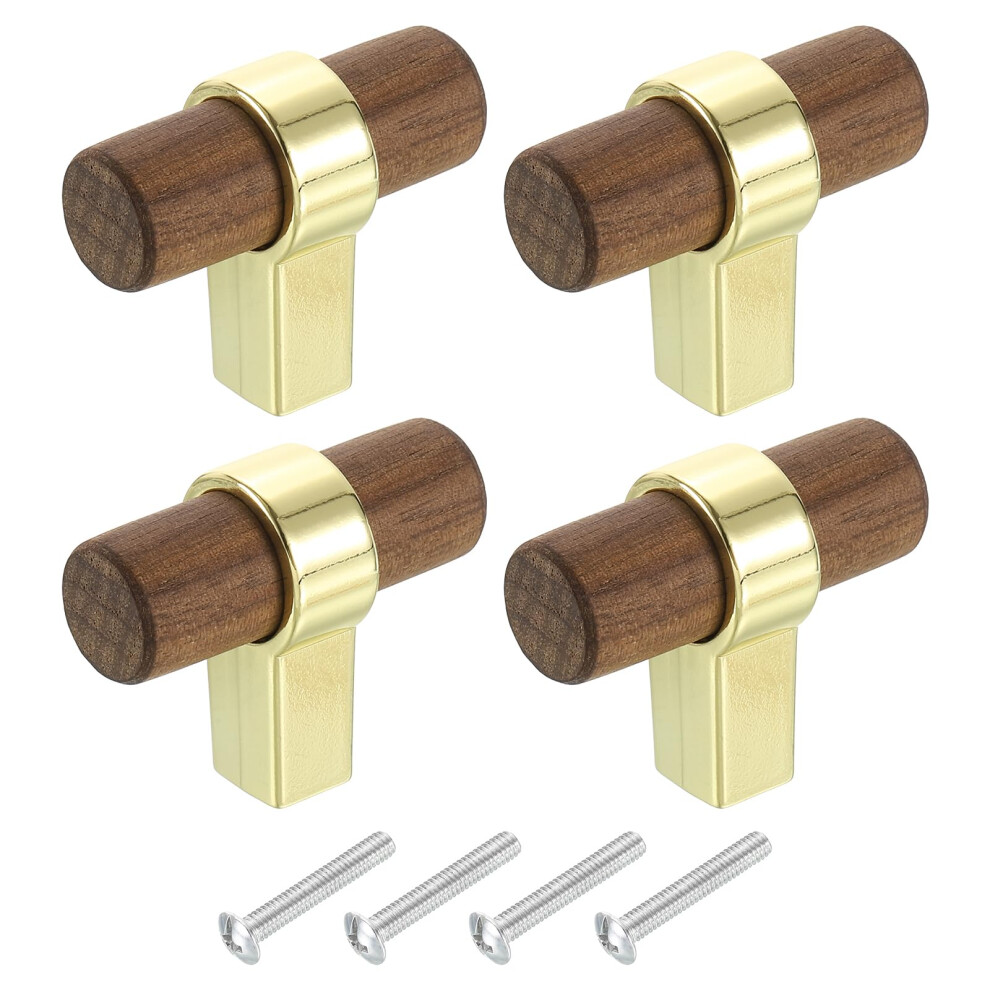 4Pcs Dark Walnut And Gold Wood Drawer Pulls, Tbar Cabinet Knobs With Rustresistant Base And Screws 9073542834403
