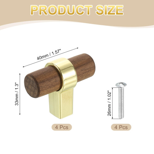 4Pcs Dark Walnut and Gold Wood Drawer Pulls, TBar Cabinet Knobs with RustResistant Base and Screws 1
