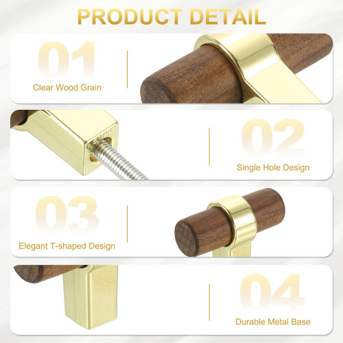 4Pcs Dark Walnut and Gold Wood Drawer Pulls, TBar Cabinet Knobs with RustResistant Base and Screws 2