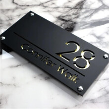 3D House Number Sign Acrylic Address Plaque with Gold Text, Weatherproof Custom Laser Engraved Matte Black Decor