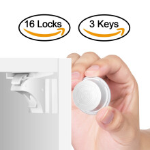 Baby Proof Cabinet Locks 16 Pack with 3 Magnetic Keys, Invisible No Drill Child Safety Drawer Locks White