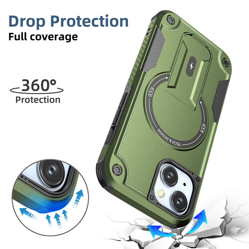 (iPhone 15, Armeegrün) iPhone Hülle stoßfest mit Ständer und Magnetring 1